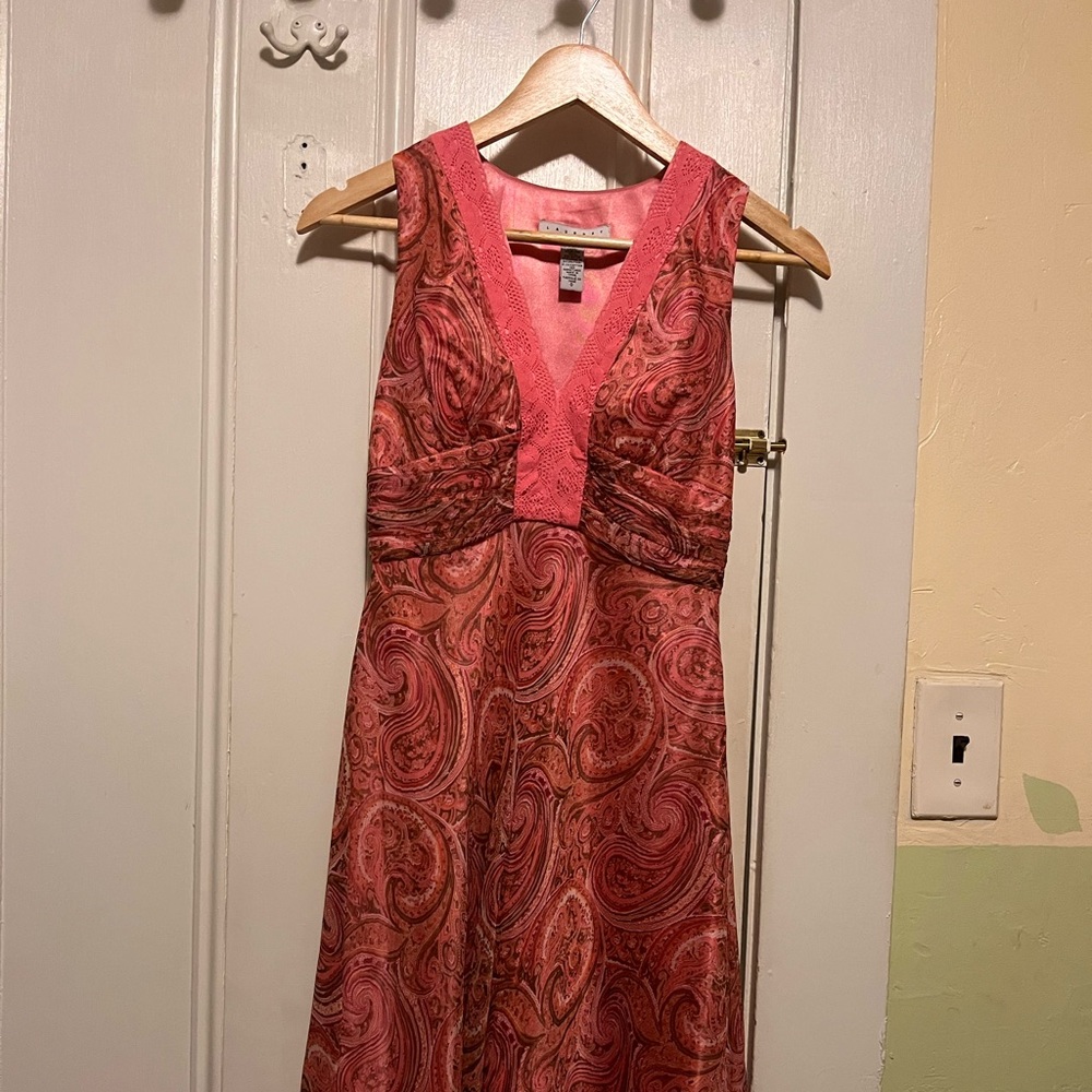 Sleeveless Fit and Flair silk Paisley Dress Pink